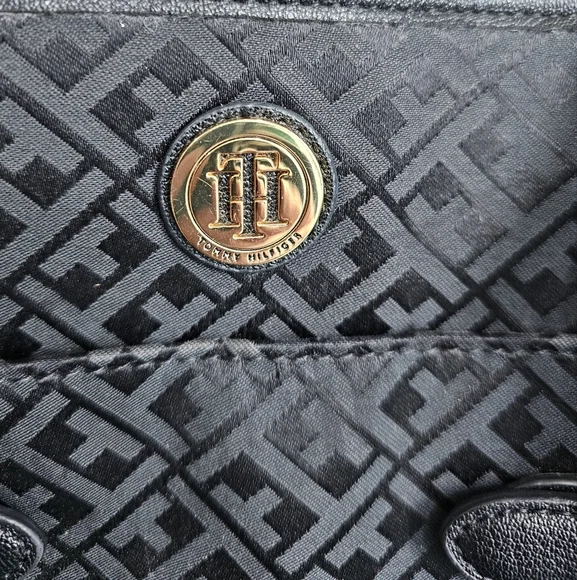 Tommy Hilfiger Black Monogram Satchel Bag Purse Classic Preppy Tote Handbag - Picture 6 of 8